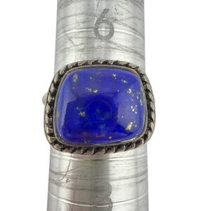 Sq. Lapis Lazuli Pyrite Twisted Rope Split Shank 925 Sterling Silver Ring Size 7